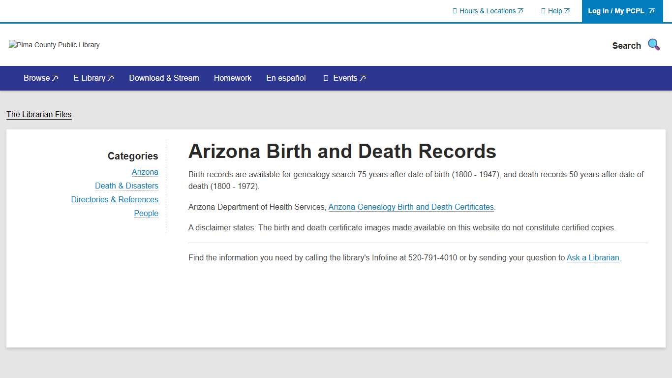 Arizona Birth and Death Records Pima County Public Library